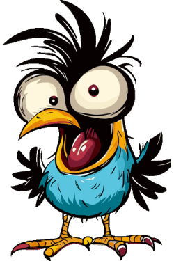 Diseño gráfico de un pájaro azul caricaturesco con ojos enormes desorbitados y expresión de locura divertida.