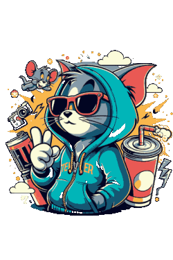 Vector de gato con sudadera azul y gafas de sol, haciendo signo de paz, con lata de refresco y ratón, estilo urbano