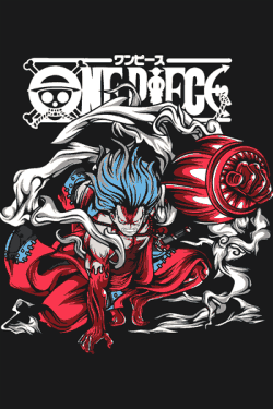 Vector anime Luffy Gear 5 One Piece cabello azul puño rojo capa blanca logo kanji japonés