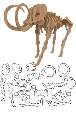 Modelo en madera de un rompecabezas 3D armable de un esqueleto de mamut lanudo realizado con corte láser.