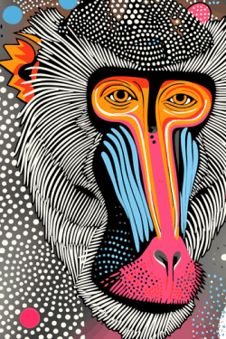 Ilustración vectorial de un mandril estilo tribal con patrones de puntos y colores vivos.