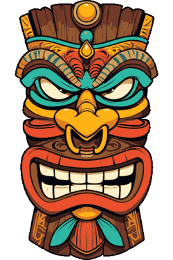 Una máscara tribal feroz y detallada con colores vibrantes, colmillos prominentes y mirada intimidante