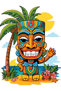 Ilustración vectorial de personaje tótem tiki sonriendo en la playa con palmeras e hibiscus.