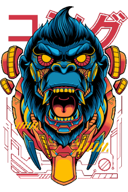 Ilustración de gorila King Kong estilo robot mecha cyberpunk con letras japonesas para estampado.