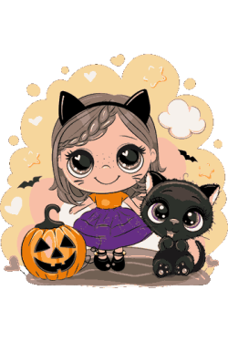  Ilustración vectorial de una tarjeta de Halloween con una niña y un gato negro sobre un fondo amarillo