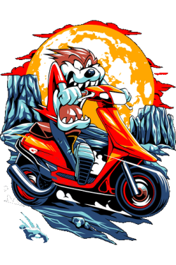 Ilustración vectorial de un lobo caricaturesco conduciendo una motoneta roja bajo la luna llena.