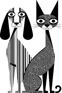 Ilustración abstracta de perro y gato en blanco y negro con patrones de líneas y laberinto para diseño textil.