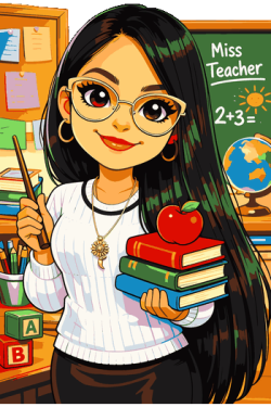Arte vectorial de una maestra escolar sosteniendo libros con una manzana en un salón de clases.