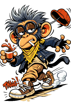 Diseño vectorial de mono rebelde corriendo con café derramado, antiparras y texto comic TWANG