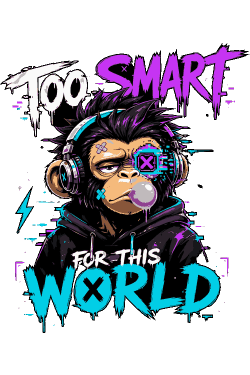 Diseño vectorial de chimpancé con audífonos, chicle, visor cibernético y texto Too Smart For This World.