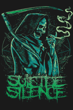 Diseño vectorial de la Parca con guadaña en tonos verdes, texto 'SUICIDE SILENCE' y humo, estilo gótico