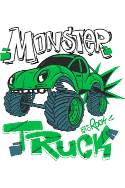 Ilustración vectorial de camión Monster Truck verde estilo caricatura con texto Let's Rock.