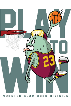 Ilustración vectorial de monstruo animado encestando en baloncesto con la frase Play to Win.