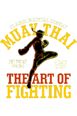 Silueta de fighter en patada alta con texto “Muay Thai – The Art of Fighting