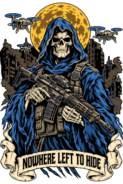 Ilustración vectorial de la Muerte táctica con rifle de asalto, drones y texto Nowhere Left To Hide.