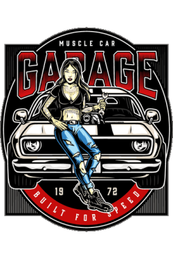 Ilustración vectorial vintage de coche clásico muscle car negro con chica pin up tatuada sosteniendo una llave inglesa sobre emblema de garage 1972