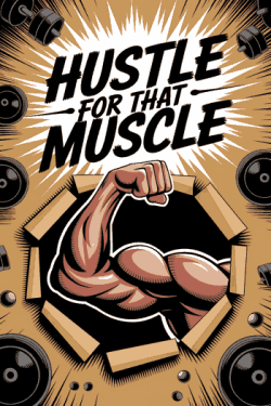 Ilustración de brazo musculoso rompiendo un marco de cartón con el texto 'Hustle for that muscle'