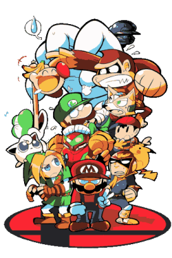 Diseño vectorial titulado 'Nintenders' que muestra a los personajes de Nintendo parodiando a los superhéroes de Marvel Avengers.