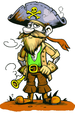 Gráfico vectorial de un pirata anciano de cómic con sombrero de calavera, barba larga y camisa verde.