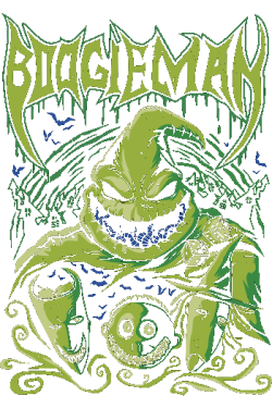 Ilustración vectorial de Oogie Boogie en tonos verdes con gusanos en la boca y las máscaras de Lock, Shock y Barrel.