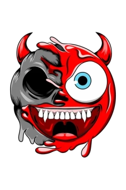 Emoticono rojo de diablo con cuernos y colmillos revelando una calavera lateral.