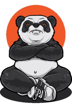 Vector de panda musculoso en postura de Kung Fu con guantes, fondo naranja circular