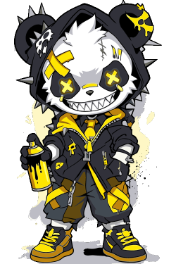 Diseño vectorial de oso panda con ropa techwear amarilla, capucha con tachas y aerosol