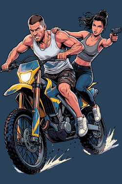 Diseño vectorial de pareja en motocicleta enduro a alta velocidad apuntando en persecución