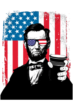 Ilustración retro de Abraham Lincoln con gafas de sol y bandera de Estados Unidos estilo grunge.