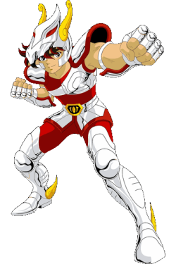 Ilustración vectorial clásica de Seiya de Pegaso en pose de ataque con armadura blanca y roja de Saint Seiya.