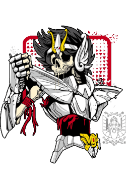 Gráfico oscuro de Seiya Caballero de Pegaso versión esqueleto y armadura rota para estampado DTF.