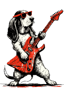 Ilustración vectorial de un perro basset hound tocando la guitarra eléctrica