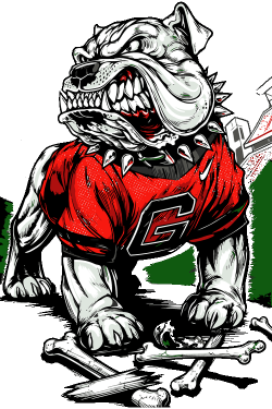 Ilustración vectorial de perro bulldog enojado con camiseta roja deportiva y huesos.