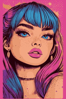 Vector de chica con cabello azul y rosa, ojos grandes y pecas, fondo rosa neón con textura pop-art