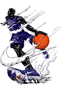 Ilustración dinámica de un jugador de baloncesto realizando un salto potente hacia la canasta