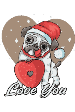 Vector de pug con gorro de Santa y lengua fuera, sosteniendo un corazón rojo con texto 'Love You' en fondo navideño