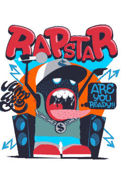 Vector de monstruo rapero con gorra, micrófono y altavoces, texto 'RAP STAR' en rojo, cadena de dólar