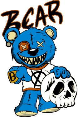 Oso de trapo con una calavera en su mano