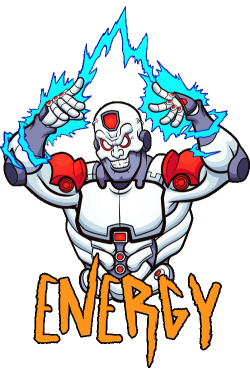 Ilustración vectorial de cyborg robot emanando rayos eléctricos con texto Energy.