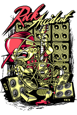 Ilustración rockera de guitarrista enredado en cables con amplificadores para impresión textil.