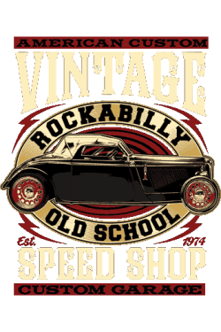 Convertible negro estilo hot rod con texto “Rockabilly Old School”