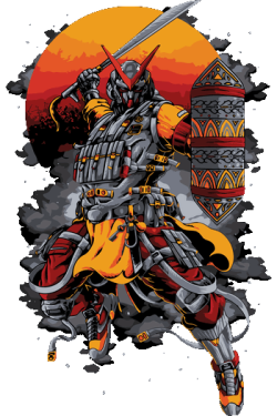 Ilustración de samurai futurista con armadura táctica, espada en alto y escudo decorado, con fondo de sol rojo estilo japonés.