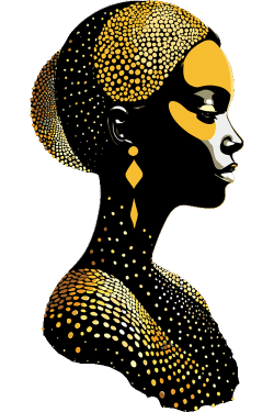 Ilustración vectorial de perfil de mujer afro con patrón de puntos dorados y arete romboidal.