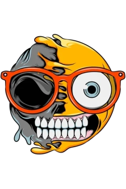 Ilustración vectorial de un emoji derretido con lentes rojos, revelando una calavera en su mitad izquierda. Estilo horror pop