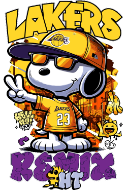 Ilustración vectorial de Snoopy con jersey de los Lakers, gorra amarilla y gafas de sol urbanas