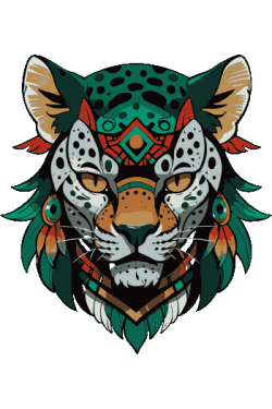 Vector de cabeza de leopardo con patrones geométricos tribales, collar de cuentas y plumas verdes, ojos dorados