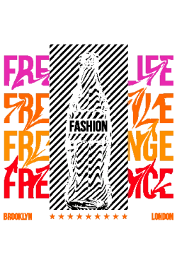 "Diseño vectorial urbano con palabra 'FREE' repetida, botella de champán, 'BROOKLYN' y 'LONDON', estilo festivo