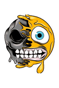 Vector de emoji amarillo derritiéndose fusionado con calavera, ojo azul y cuenca vacía