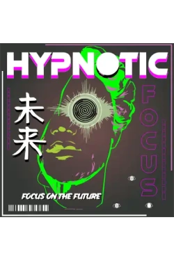 Vector de rostro hipnótico con ojo neón verde, texto 'Focus on the Future' y kanji japonés