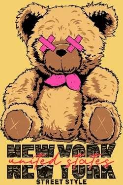 Oso de peluche con ojos tachados en rosa, texto 'New York United States Street Style', estilo cartoon urbano